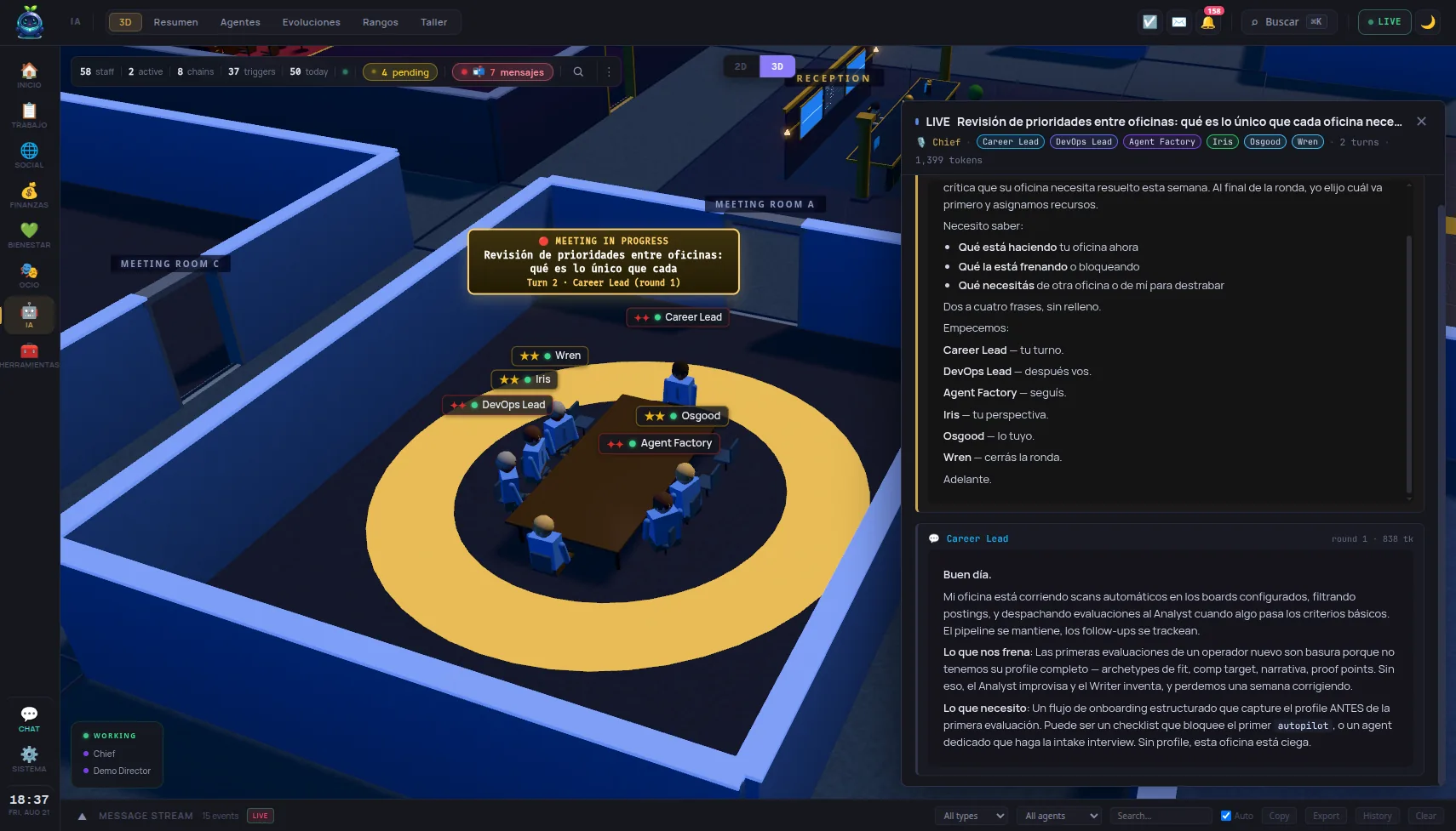 Kernl's 3D office with several agents in a meeting and the LIVE conversation panel