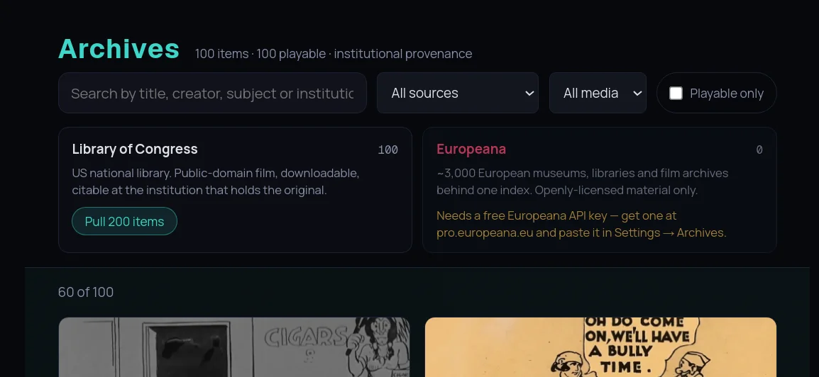 Kernl's Archives module showing sources with institutional provenance such as Library of Congress and Europeana