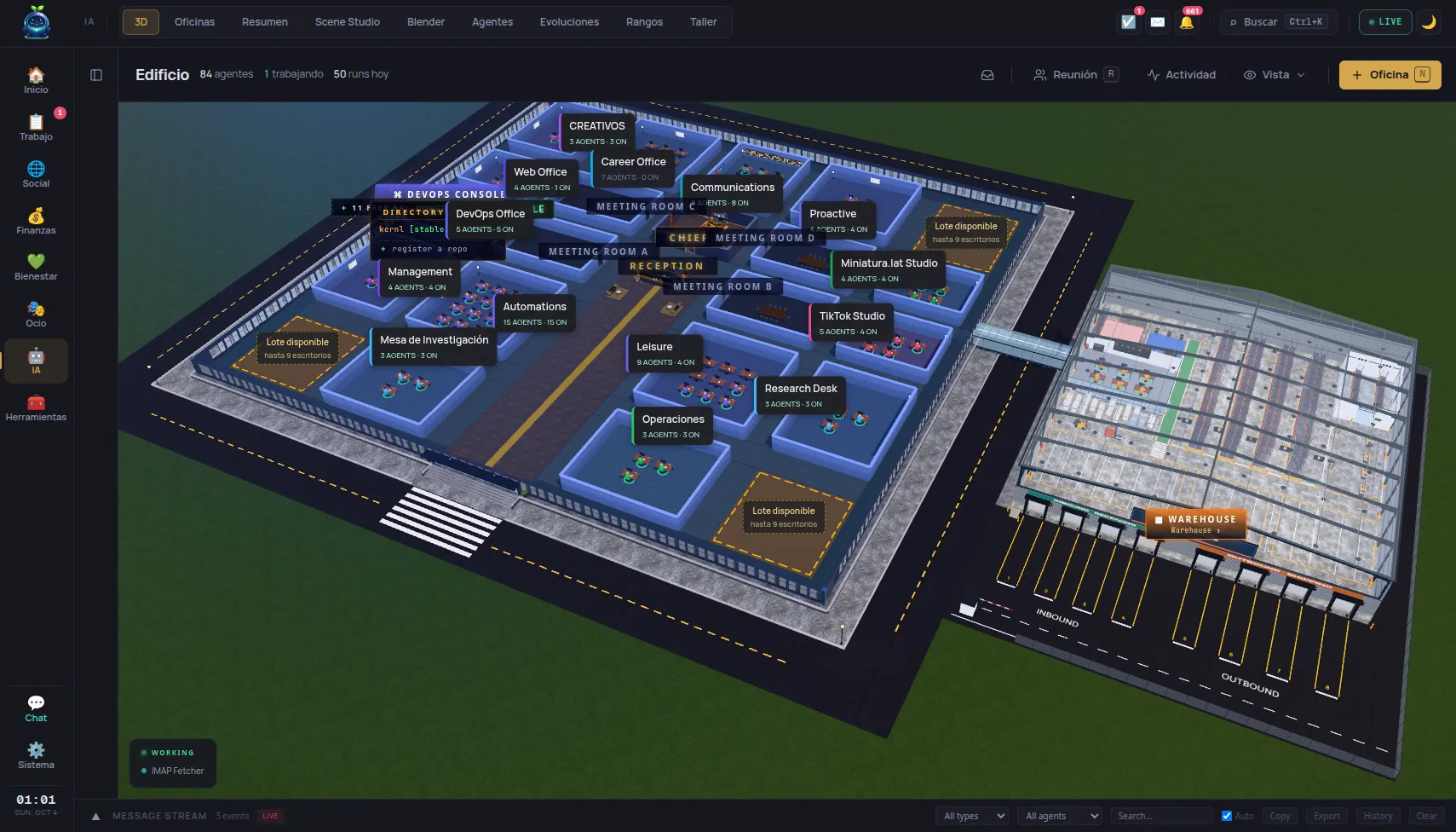 The 3D building: offices laid out on one floor — Management, DevOps Office, Web Office, Career Office, Communications, TikTok Studio, Research Desk and more — each tagged with how many of its agents are on, around a central corridor with the reception and four meeting rooms, empty lots marked for new offices, and a glass-roofed warehouse with inbound and outbound loading docks connected by a skybridge.