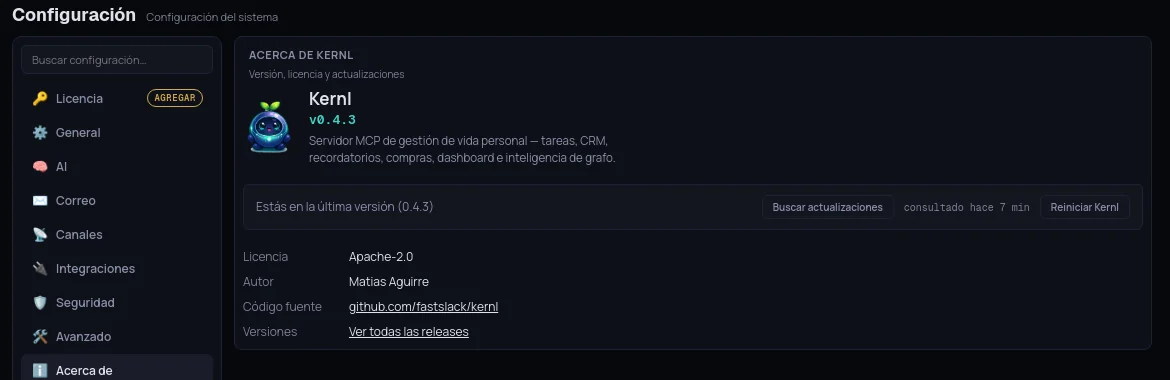La sección Acerca de con la versión, Buscar actualizaciones y Reiniciar Kernl