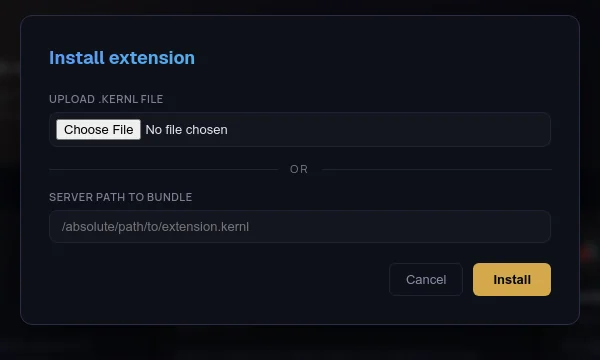 The Install extension dialog with Upload .kernl file and a server path field