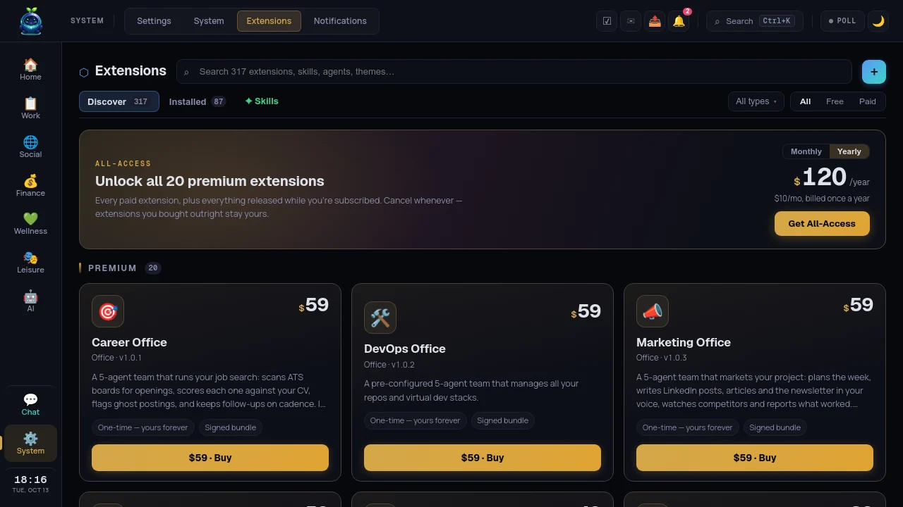 The Extensions page on the Discover tab, with All-Access and the Premium shelf