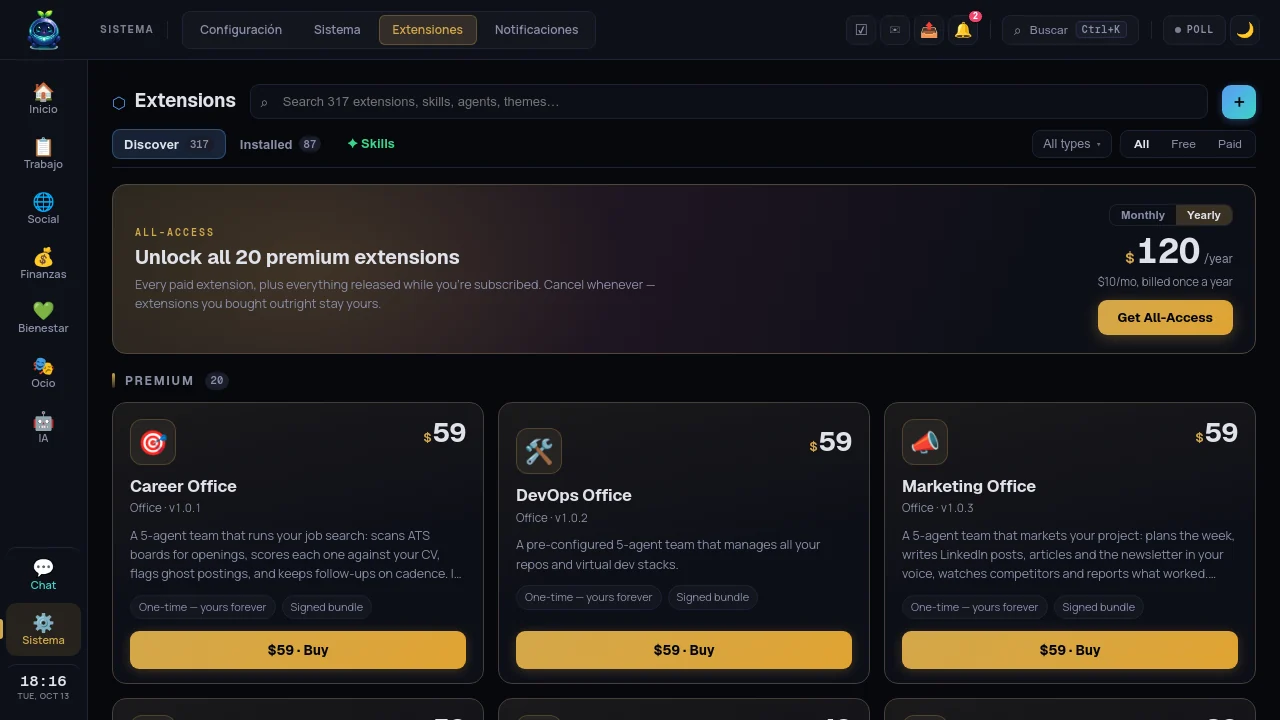 La página de extensiones en la pestaña Discover, con All-Access y el estante Premium