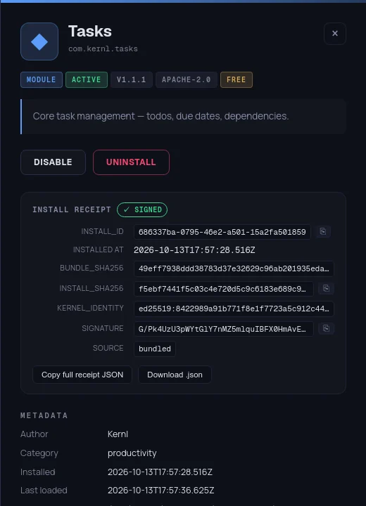 The side panel of an installed extension with Disable and Uninstall