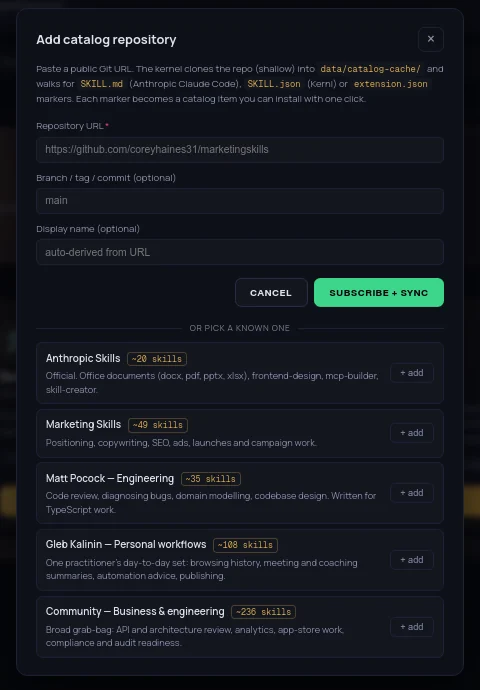 El diálogo Add catalog repository con repositorios sugeridos
