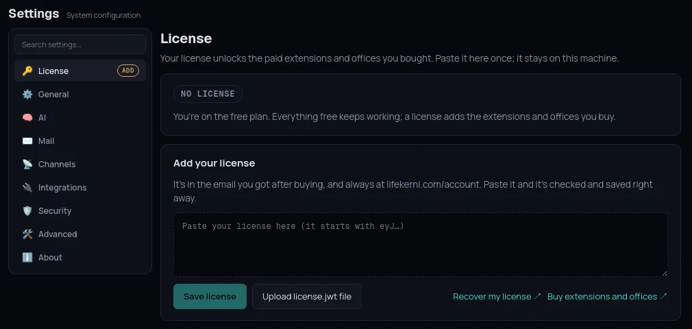 The License page with the box to paste your license