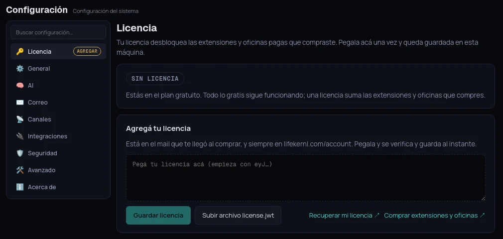 La página de Licencia con el recuadro para pegar tu licencia