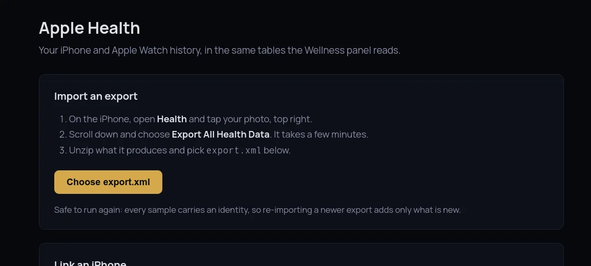 The Apple Health page: the three steps to export from the iPhone Health app and pick the export.xml, with a note that re-importing a newer export only adds what is missing, and a second card to pair an iPhone by scanning a code from an iOS Shortcut.