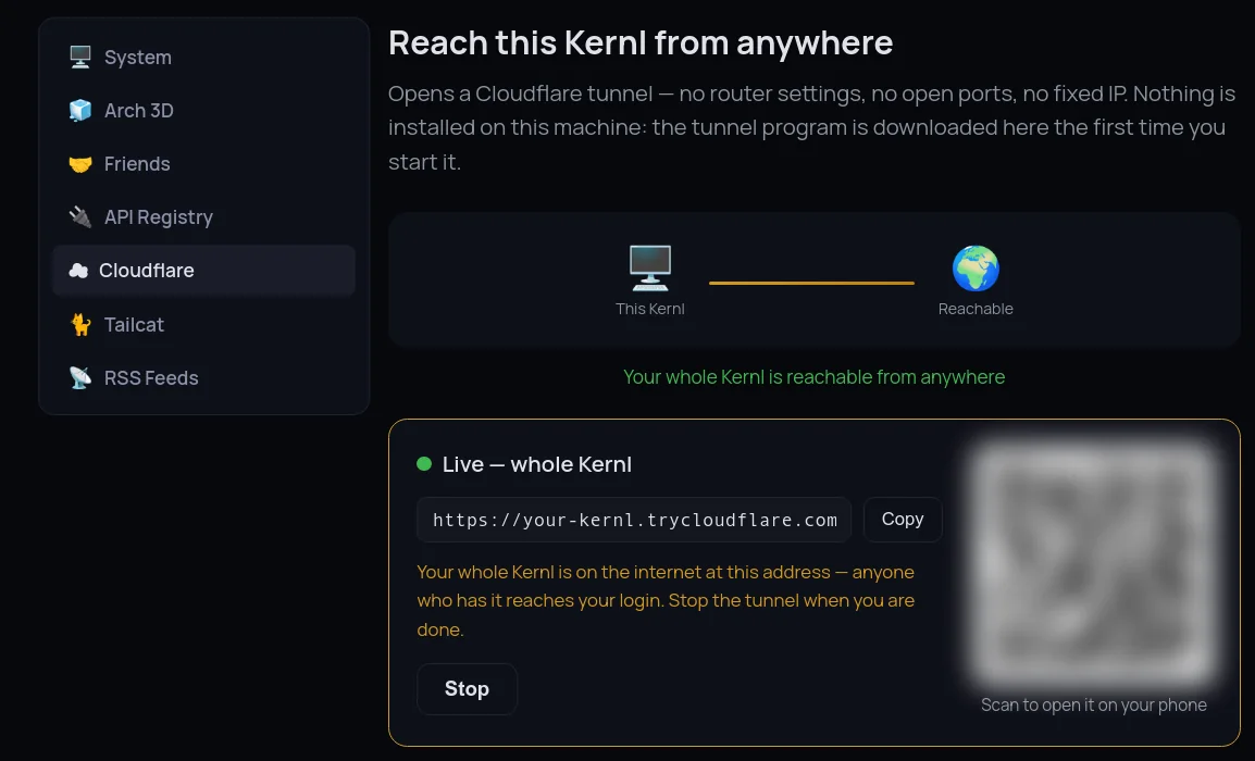 The Cloudflare page: a diagram showing this Kernl reachable from anywhere, the live tunnel with its address and a QR code to open it on a phone, and below it the list of routes that extensions publish through the tunnel.